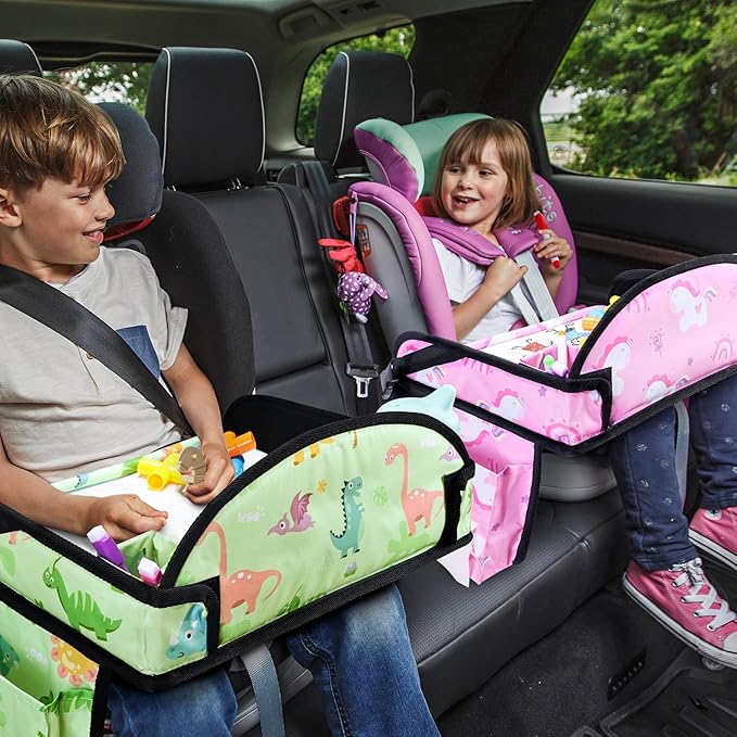 WENRENER 2PCS Kids Travel Tray, Car Seat Tray for kids Travel, Toddler Road Trip Essentials With Drawing Kit, Toddler Lap Desk Organizer for Car, Carseat Table for Airplane