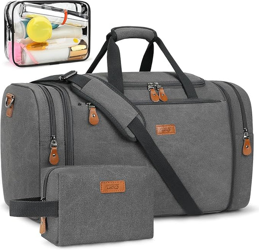 Canvas Mens Duffle Bag for Travel - Expandable 50L Weekender Bags with Toiletry Bag, Overnight Bag Travel Duffel Carry On Luggage with Removable Shoulder Strap, Durable & Water-Resistant