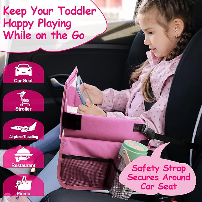 Julaiwy Car Seat Tray for Kids Travel, Carseat Tray for Toddler Road Trip Activities, Car Trays for Kids Road Trip Essentials, Travel Trays for Airplane, Toddler Car Seat Lap Table - Pink