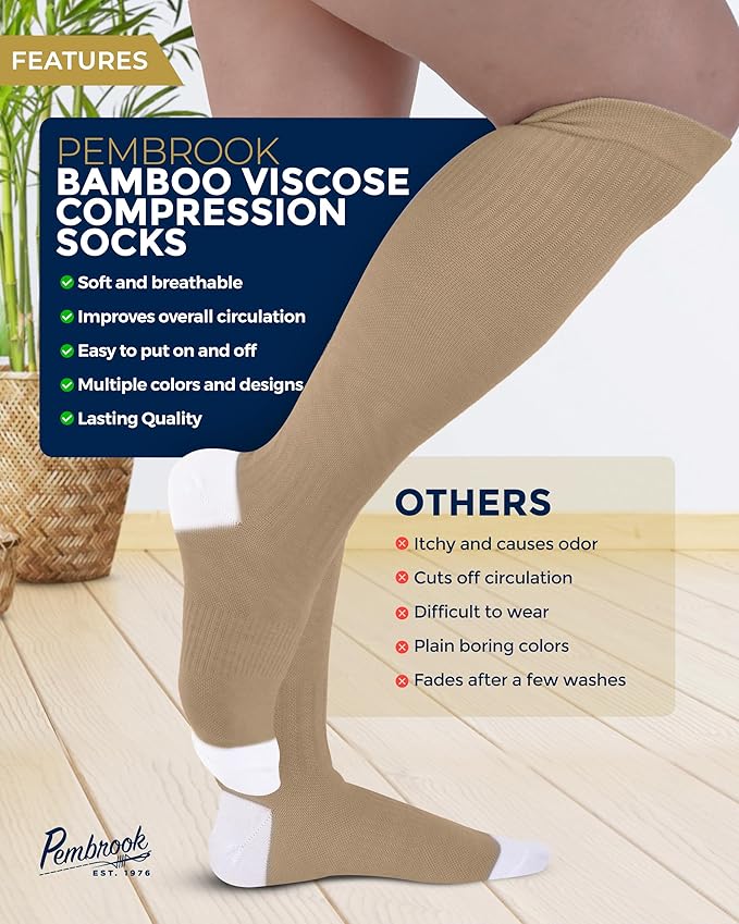 Pembrook Bamboo Viscose Light Compression Socks - 3 Pairs | 8-15 mmhg Compression Socks | Knee High Comfort Support Socks