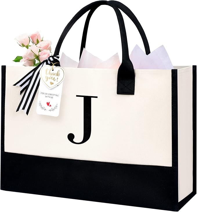 BAGAIL Initial Tote Bag, Personalized Birthday Gifts for Women, Teacher, Friends, Mom, Wedding, Monogrammed Beach Bag