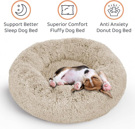 Donut Dog Bed - Premium Comfort for Anxiety Relief - Fluffy & Calming Design with Ultra-Plush Support | Cozy Round Dog Bed with Super Soft Circle Style (Size XL Beige)