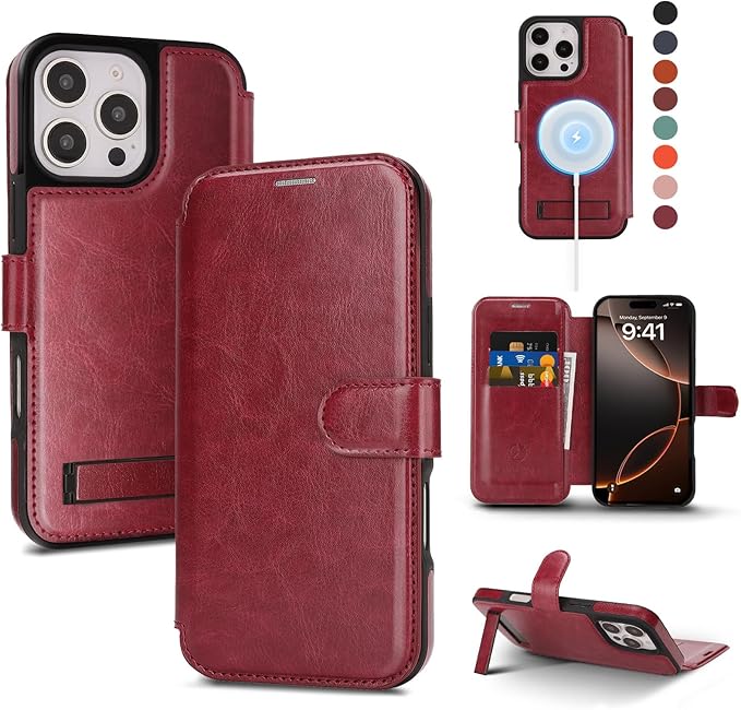 CIVICASE for iPhone 16 Pro Wallet Case with Stand,PU Leather Flip Credit Card Holder Slots (RFID Blocking),Compatible with Magsafe Magnetic Holder Phone Cover Women Men,Wine Red