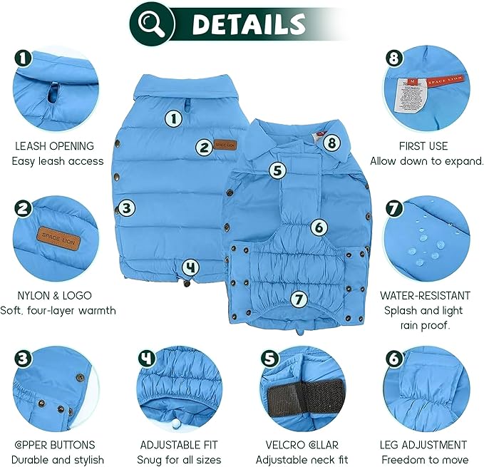 SPACE LION Dog Puffer Jacket, Down Winter Coat, Durable Outdoor Coat for Cold and Windy Conditions, Lightweight & Adjustable Fit Coats for Medium & Large Dogs,(Blue, Size16/XL)