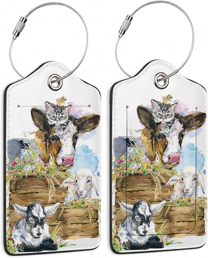 2 Pack Luggage Tags for Suitcases Cute Cow Cat Chicken Sheep Luggage Tag,Leather Stainless Steel Loop Label Tag for Men Women Travel Bag Suitcase
