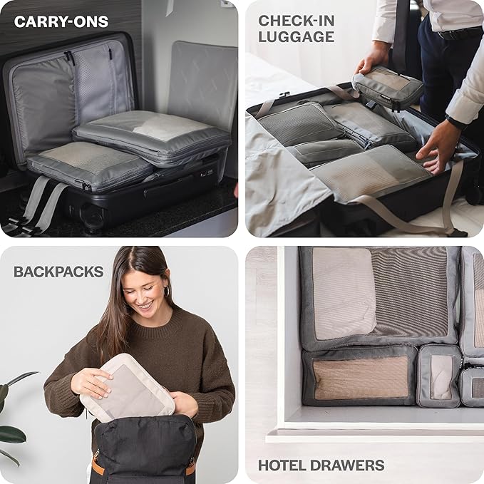 Aerotrunk Compression Packing Cubes for Travel - Luggage Organizer Bags - Double Zipper Packing Cubes for Suitcases (6-Pack, Dark Grey)