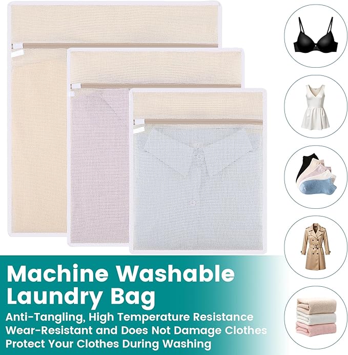 6Pcs Durable Cotton Mesh Laundry Bags for Delicates, 12×16in+16*20in+20*24in Breathable Laundry Mesh Wash Bags with Sturdy Zipper for Delicates, Clothes, Pants, Underwear, Bra, Socks (M+L+XL)