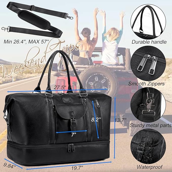 weiatas Faux Leather Travel Duffel Bag for Women Men, Large Weekender Overnight Bag with Shoes Compartment, Waterproof Carry On Bag Travel Tote Bag Gym Bag with Luggage Strap (Black)
