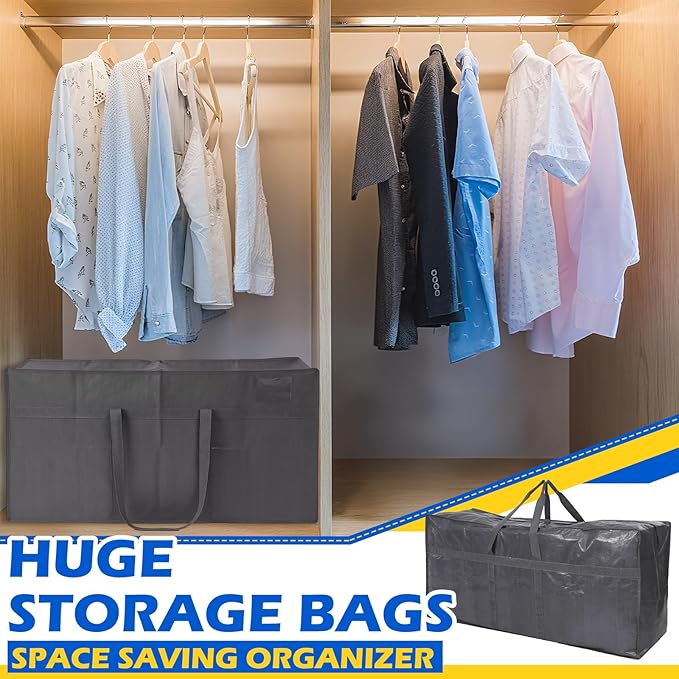4 Pcs 66 Gallon Large Moving Bags with Zipper and Handles Foldable Storage Duffle Bags Heavy Duty Extra Large Totes for College Dorm Travel Clothes Blankets Bedding Moving (Gray)