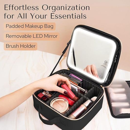 Makeup Bag with LED Mirror – Travel Cosmetic Organizer with Lighted Mirror, Adjustable Dividers & Brush Holder Storage – Portable PU Leather Makeup Case for Women & Girls - Black