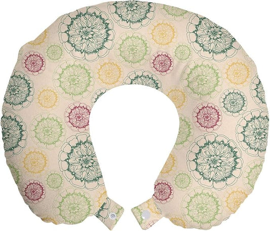 Ambesonne Retro Travel Pillow Neck Rest, Colorful Drawings of Mandala Inspired Round Motifs Floral Ornamental Scenes, Memory Foam Traveling Accessory for Airplane and Car, 12", Champagne