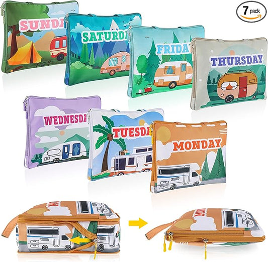 Paterr 7 Pcs Days of Week Packing Cubes Compression Packing Cubes for Kids Summer Camp Travel Daily Outfit Suitcase Organizers Zippered Storage Bag for Cruise Vacation Essentials (Camping)