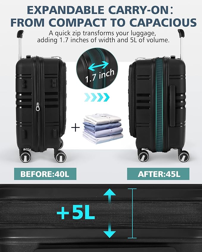 RAINSMORE Expandable Carry on Luggage 20 Inch, Airline Approved Carry on Suitcase with Front Pocket&Laptop Compartment, Hardshell Rolling Travel Luggage with Spinner Wheels,Black