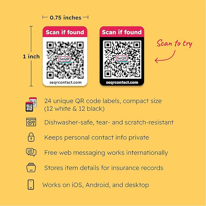 Lost Item Labels | Secure, Private Messaging Tags for Recovering Personal Items | QR Smart Labels for Travel, Everyday & Family Belongings Like Passports, Wallets, Toys | Safeguard Personal Info (24)