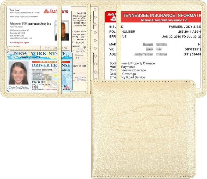 Car Insurance and Registration Holder, 5.5 x 5 Inch PU Leather Vehicle Glove Box Organizer Wallet Case for Insurance Card, Driver License, Paperwork - Champagne
