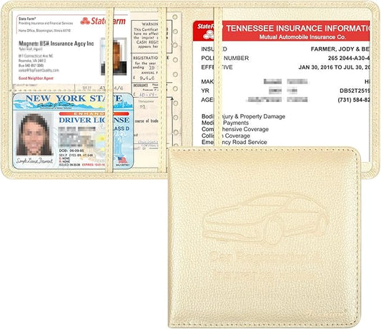 Car Insurance and Registration Holder, 5.5 x 5 Inch PU Leather Vehicle Glove Box Organizer Wallet Case for Insurance Card, Driver License, Paperwork - Champagne