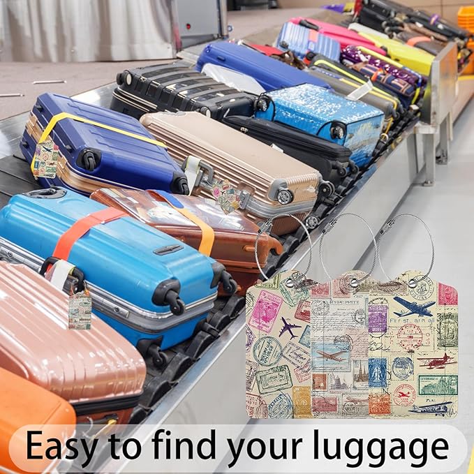 Travel Stamp 3 Pack Luggage Tags for Suitcases, PU Leather Baggage Suitcases Tag Name ID Label Privacy Cover Travel Bag Tags for Women Men Boys Girls