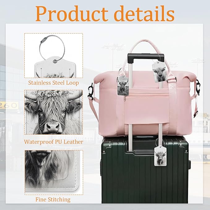 Black White Highland Cow Luggage Tags for Suitcase 3 Pack, Leather Bag Tags Identifiers with Privacy Name Address Labels and Durable Steel Loop for Men Women Backpack