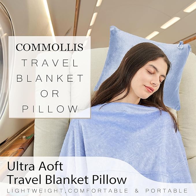 Commollis 2-in-1 Travel Blanket & Pillow for Airplane, Car, Train - Warm Compact Flight Blanket with Luggage Strap & Backpack Clip, Machine Washable, All-Season Use