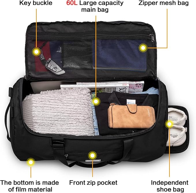 Lyweem 60L Duffle Bag for Men Travel Duffel Bag Large Size for Women Weekender Overnight with Shoes Compartment Multifunctional Gym Bags, Black