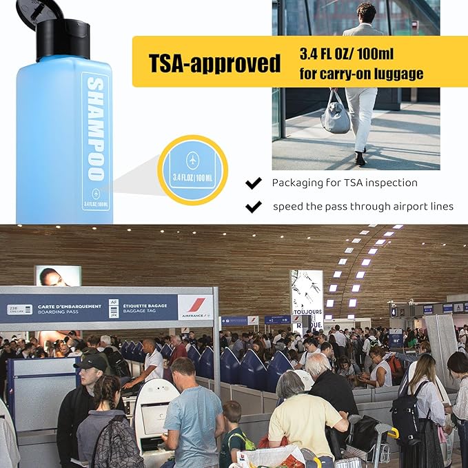 Leakproof Travel Shampoo Bottles for Toiletries TSA Approved Travel Size Toiletries Bottles, 3.4oz Refillable Squeeze Containers Set with Spray Bottle -5 Pack