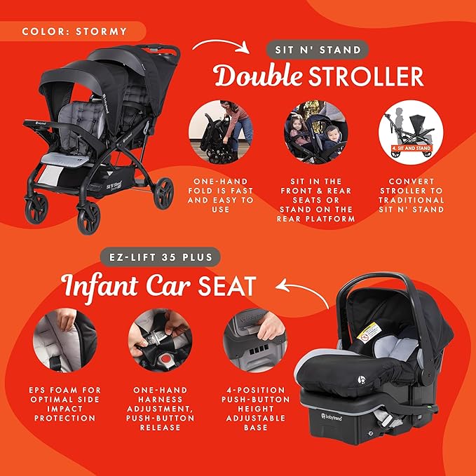 Baby Trend Infant and Toddler Double Stroller & Car Seat Combo, 2 Pc Set, Stormy - Lightweight and Compact Travel Stroller and Carseat Tandem for Babies, Infants, and Toddlers