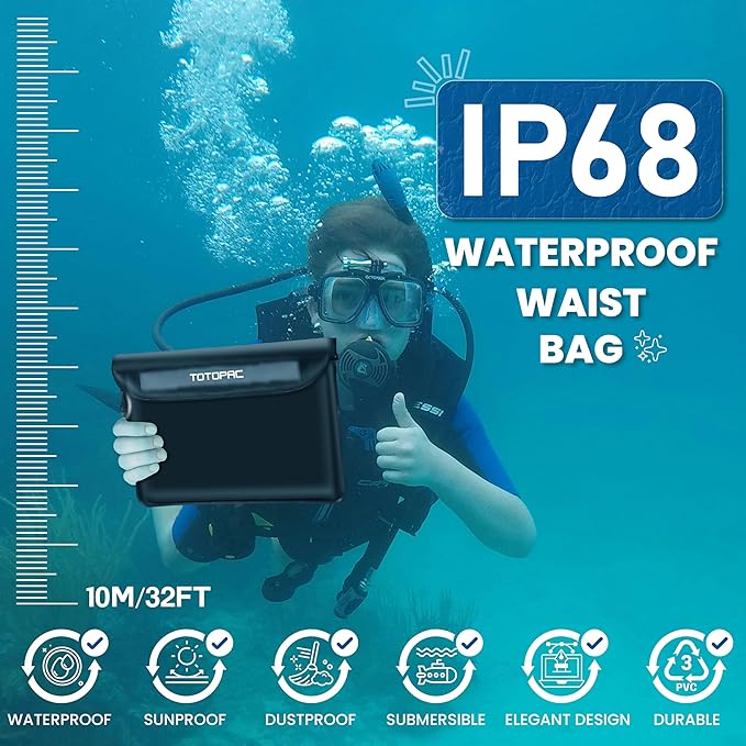 2-Pack Waterproof Fanny Pack, Phone Pouch with Waist Strap, 9x6.7 Inch Dry Bag for Phone, Cash, and Valuables – for Swimming, Kayaking, Boating, Snorkeling, and Water Sports (2, Black + Black)