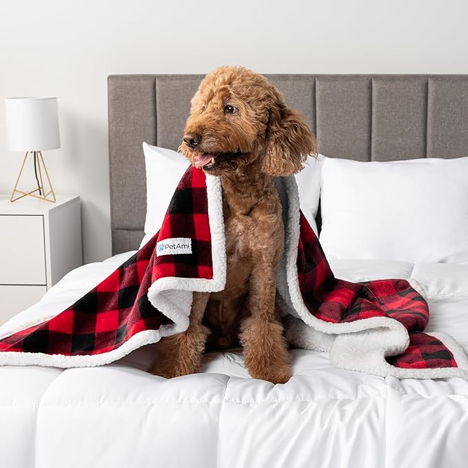PetAmi Waterproof Dog Blanket for Small Medium Dog Puppy Cat Throw for Couch Cover Leakproof Protection, Sherpa Fleece, Reversible Soft Washable 29x40 Checker Plaid Red