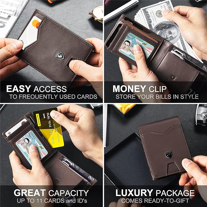 GSOIAX Mens Slim Wallet for Men Minimalist Genuine Leather Carbon Fiber Rfid Blocking Bifold Credit Card Holder With Gift Box (Leather Coffee)