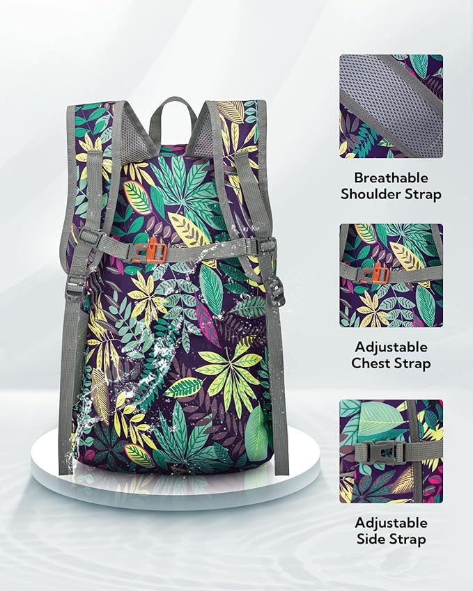 WATERFLY Hiking Packable Daypack Backpack: 25L Ultra Lightweight Day Pack for Woman Man - Small Compact Folding Back Pack for Outdoor Sport Cycling Camping Travel Trip - Print