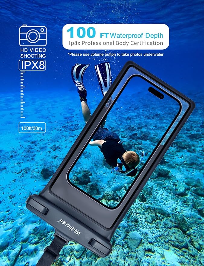 wellhouse Waterproof Phone Pouch, Waterproof Phone Case for iPhone 16 15 14 13 12 Pro Max XS Samsung, IPX8 3D Cellphone Dry Bag Beach Essentials (2 Pack - Black & Green 8.0", 8 inch)