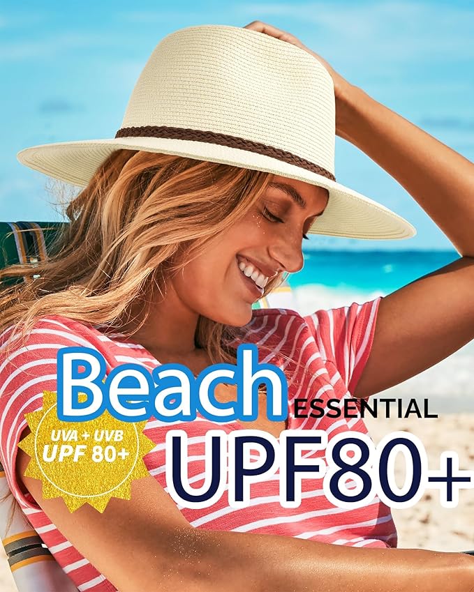 FURTALK Sun Hats for Women Summer Wide Brim UV UPF 80+ Panama Fedora Foldable Packable Straw Beach Hat