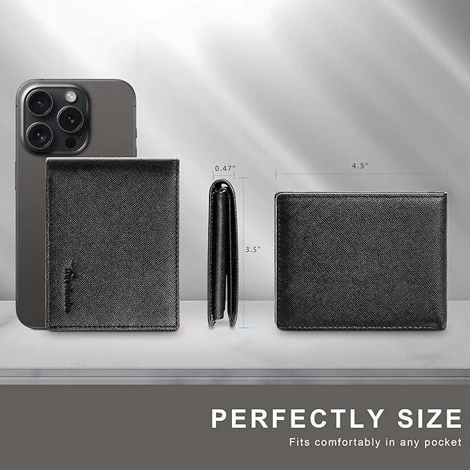 Travelambo Genuine Leather Wallet for Men with Gift Box - Handmade Bifold Stylish - Mens Wallets Rfid Blocking with 2 ID Windows