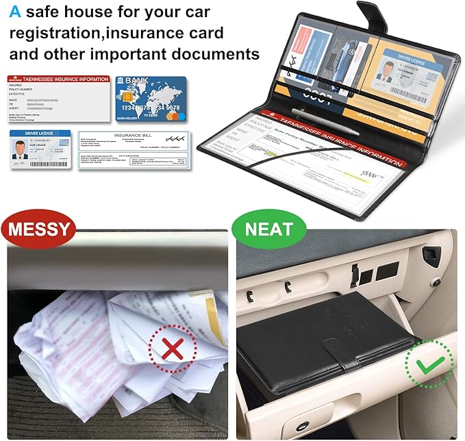 DMLuna Car Registration and Insurance Holder, Leather Vehicle Card Document Glove Box Organizer, Auto Truck Compartment Accessories for Essential Information, Driver License Cards - Black