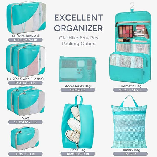 ALL INCLUDED 10 Set Durable Packing Cubes for Suitcases,OlarHike Essentials for Travel,UPGRADED Anti-Tear Stitching, NEW Improved Luggage Packing Organizers for Travel Accessories,Turquoise