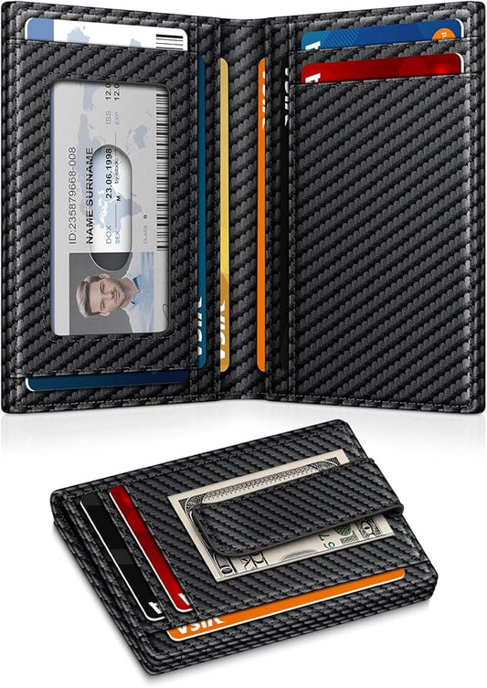 Gtwup Wallet for Men 14-16 Cards, Men's Leather Wallet, Minimalist Thin Card Holder RFID Blocking Money Clip with Simplified Bill Folder & Magnetic Closure, Gifts for Men, Carbon Fiber