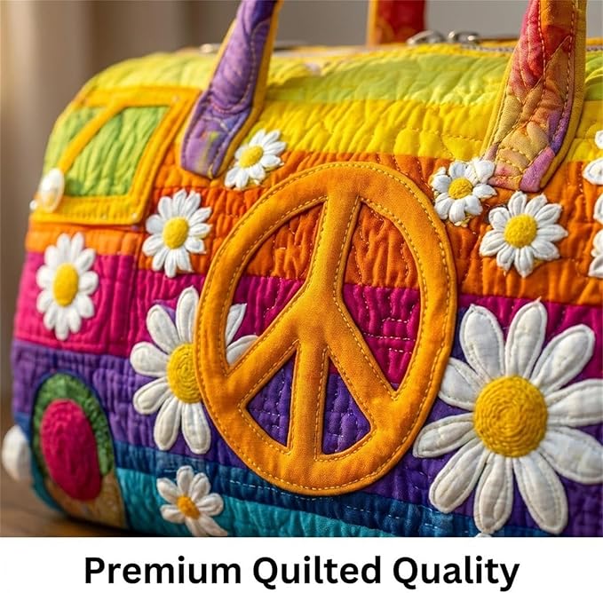 Hippie Van Quilted Duffle Bag, Boho Weekender Travel Overnight Luggage for Women Vintage Floral Gym Tote (style3, Medium (16"x8"x8"))