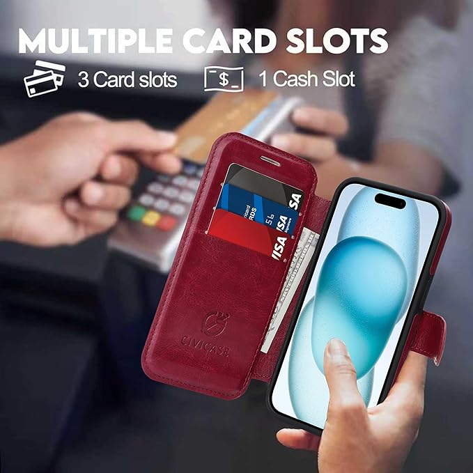 CIVICASE for iPhone 15 Pro Wallet Case with Stand,PU Leather Flip Credit Card Holder Slots (RFID Blocking),Compatible with Magsafe Magnetic Holder Phone Cover Women Men,Wine Red
