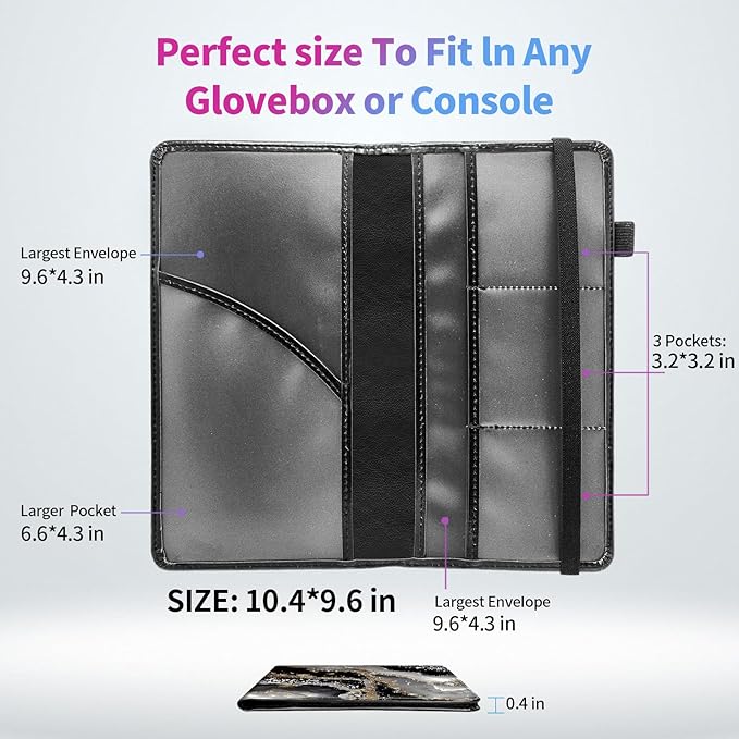 Car Registration and Insurance Holder,PU Leather Car License Document Insurance and Registration Card Holder Men Women Vehicle Glove Box Organizer Auto Accessories-Black Gold Marble