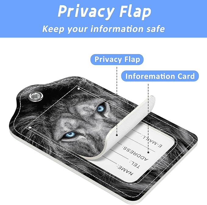 Set of 2 Luggage Tags Fierce Lion with Glowing Blue Eyes Leather Suitcases Tag with Privacy Cover Stainless Steel Loop and Address Card for Women Men Travel
