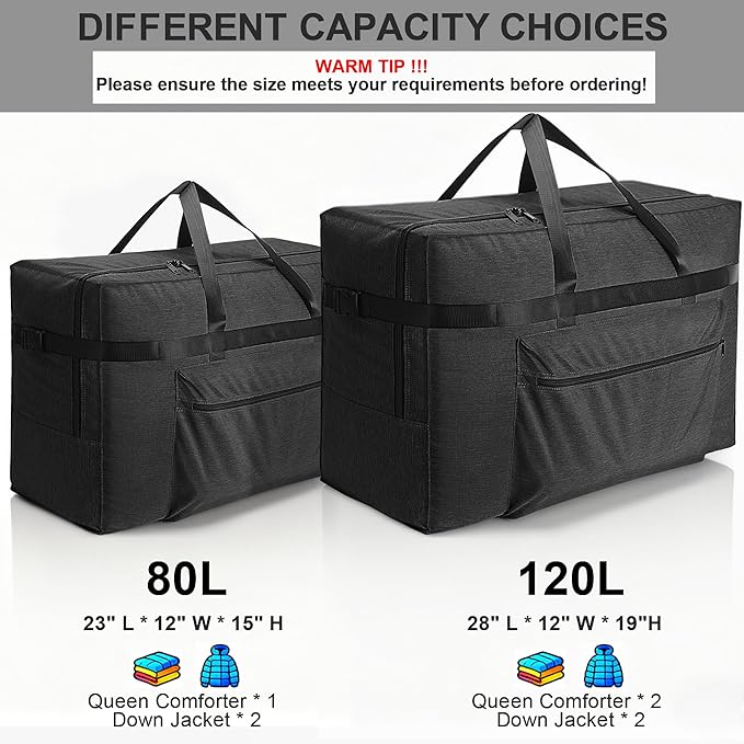 SUNUP Large Duffle Bag for Travel, 80L Foldable Travel Duffel Bag for Men Women, Waterproof Carry On Overnight Weekender Moving Storage Bags, Black