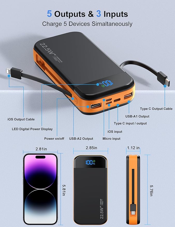 Portable Charger Power Bank Built-in Cables, 32000mAh 22.5W USB C Fast Charging, 5 Outputs 3 Inputs Travel Essentials Battery Pack Compatible with iPhone, iPad, Samsung, Google Pixel, Orange