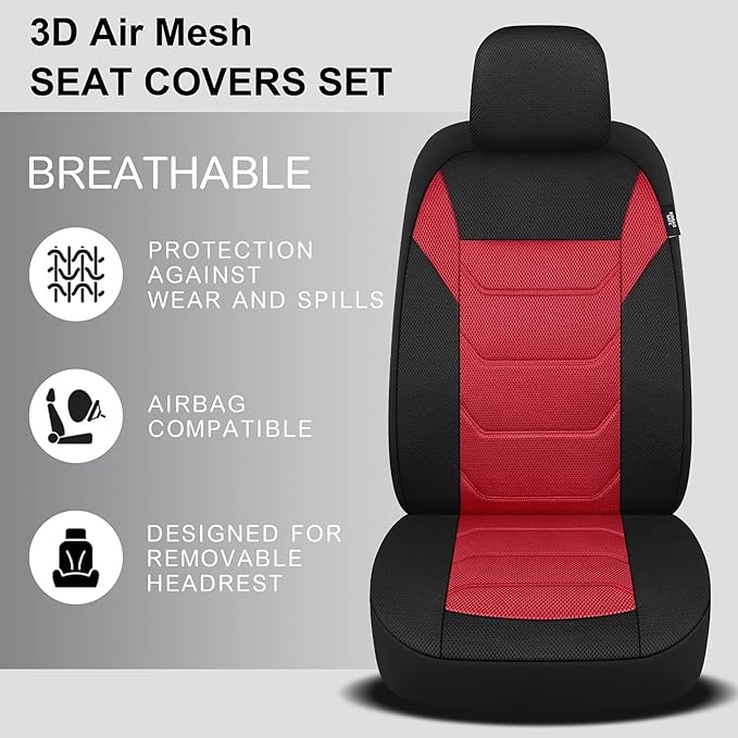 Pariiaotin 3D Air Mesh Car Seat Cover Front Sets Washable and Breathable Premium Cloth Automotive Vehicle Seat Covers for Cars Interior, Universal Fit for Most Cars, Sedan, Truck, SUV(Black/Red)