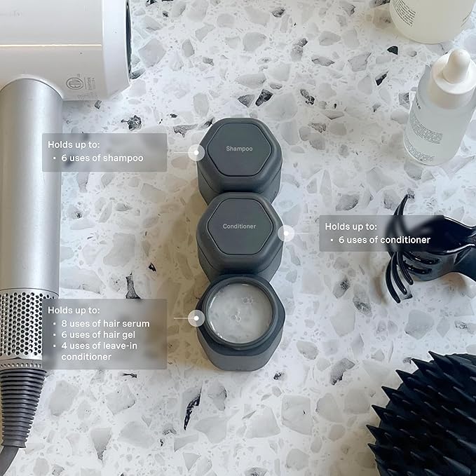 Cadence Travel Containers Haircare Capsule Set - Magnetic Containers with Lids,Carry On Travel Essentials For Women/Men - 3 Flex Mediums (1.32oz) - Shampoo, Conditioner & Comb Icon Labels - Charcoal