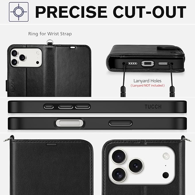 TUCCH Wallet Case for iPhone 17 Pro Max (6.9") 2025, Wrist Strap RFID Blocking 4 Card Slots, Kickstand, Shockproof TPU Shell, PU Leather, Magnetic Closure, Protective Flip Cover, Black