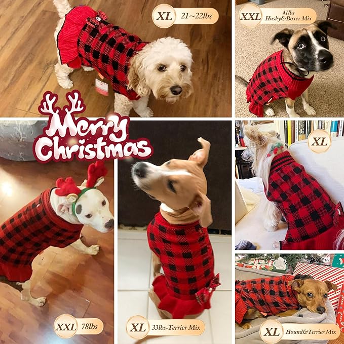 KYEESE Christmas Dog Sweater Dress for Medium Dogs with Leash Hole Checkered Pet Sweaters Dogs Christmas Outfit with BowtieTurtleneck Dog Apparel for Winter
