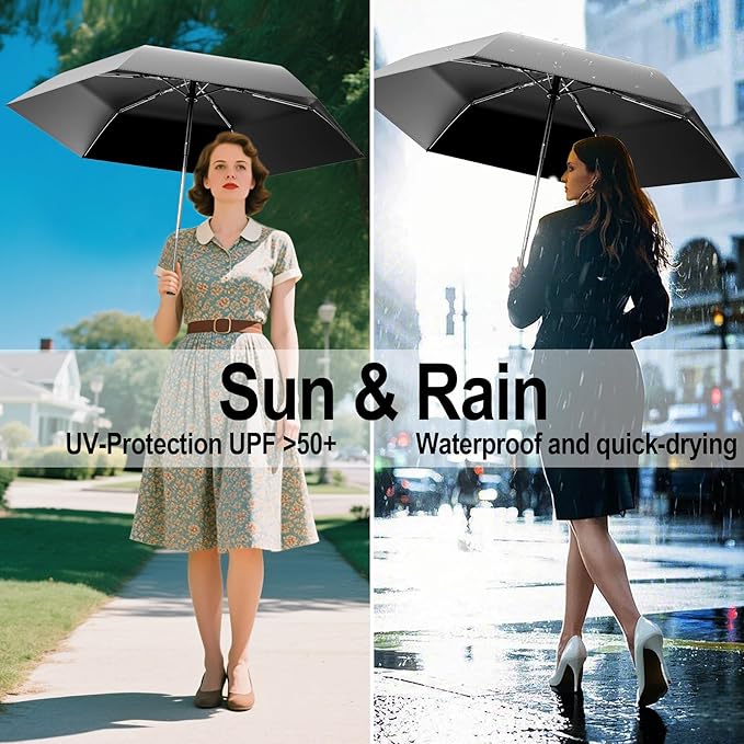 Automatic Mini Travel Windproof Folding Umbrella - UV Protection, Instant Open/Close for Rain/Sun, Small Compact Lightweight Design Fits in Tote Bag/Travel Case/Backpack for Commute, Women & Men