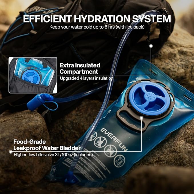 Everfun Hydration Backpack 18L with Water Bladder 2L/3L Hiking Water Backpack Women Men Hydration Pack Insulated Lightweight Day Hydropack with Storage for Hiking, Biking, Running, Festival