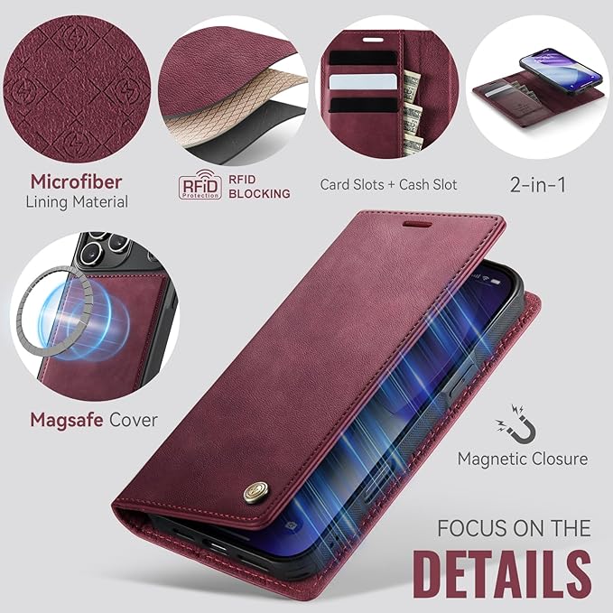 PlusnapX Wallet Case for iPhone 17 Pro Max Compatible with Magsafe, 2-IN-1 PU Leather Flip RFID Blocking Card Holder Stand Shockproof Magnetic Detachable Case for iPhone 17 Pro Max Case 6.9", Burgundy