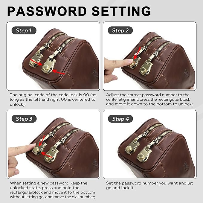 Top Grain Genuine Leather Travel Organizer Clutch Bag, Handmade Retro Vintage Design, 3 Zipper Pockets & Combination Locks, Portable Storage Bag for Phone/Cable/Charger/Cash/Toiletry/Makeup, Red Brown